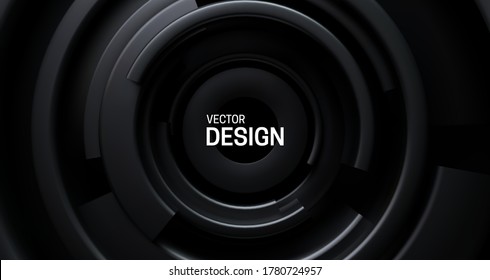 Black radial background. Abstract background with concentric black shapes. Vector 3d illustration. Futuristic cover design. Minimalist broadcast style concept.