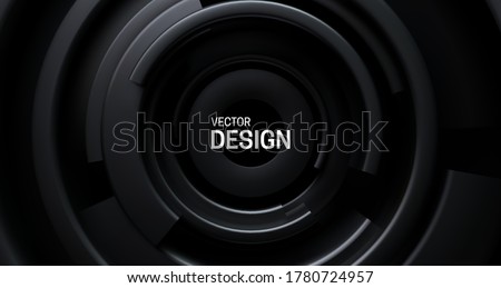 Black radial background. Abstract background with concentric black shapes. Vector 3d illustration. Futuristic cover design. Minimalist broadcast style concept.