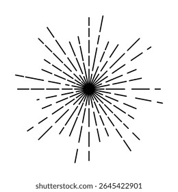 Black radial burst with thick lines, vintage sunbeam style. Great for logos, posters, fireworks, or energy explosion effects in minimalist or retro designs.