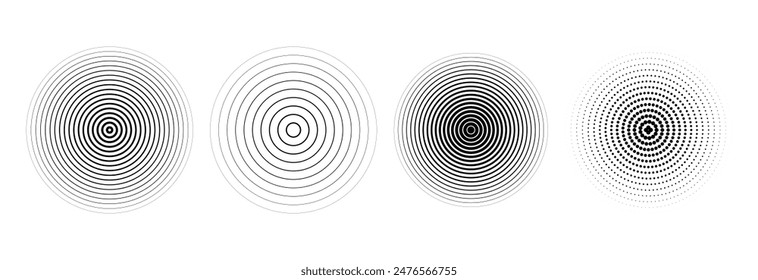 Schwarzer Radialkreis gesetzt. Sonar- oder Schallwellen-Ring-Kollektion. Halbton- und lineares Epizentrum-, Ziel-, Radarsymbolkonzept. Wellen-konzentrische Signal- oder Vibrations-Elemente. Vektorgrafik und punktierte Symbole