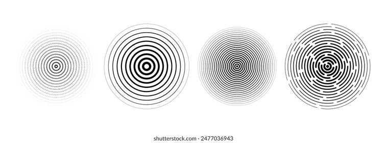 Juego de círculos radiales negros. Colección de anillo sonoro o sonoro. Concepto de icono de radar, objetivo, epicentro lineal y semitono. Elementos de vibración de señal concéntrica de ondulación. Vector discontinuo y punteado