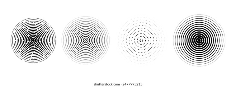 Juego de círculos radiales negros. Colección de anillo sonoro o sonoro. Concepto de icono de radar, objetivo, epicentro lineal y semitono. Elementos de vibración de señal concéntrica ondulada. Vector discontinuo y punteado