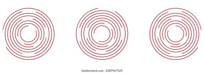 Black radial circle set. Sonar or sound wave ring collection. Halftone and linear epicentre, target, radar icon concept. Ripple concentric signal vibration elements. Vector dashed and dotted symbols