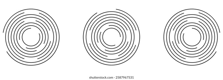 Black radial circle set. Sonar or sound wave ring collection. Halftone and linear epicentre, target, radar icon concept. Ripple concentric signal vibration elements. Vector dashed and dotted symbols