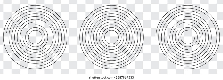 Black radial circle set. Sonar or sound wave ring collection. Halftone and linear epicentre, target, radar icon concept. Ripple concentric signal vibration elements. Vector dashed and dotted symbols