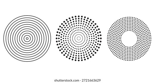 Conjunto de círculo radial negro. Sonar o colección de anillo de ondas sonoras. Epicentro semitono y lineal, objetivo, concepto de icono de radar. Ondulación de señales concéntricas o Elementos de vibración. Vectores de línea y punteados