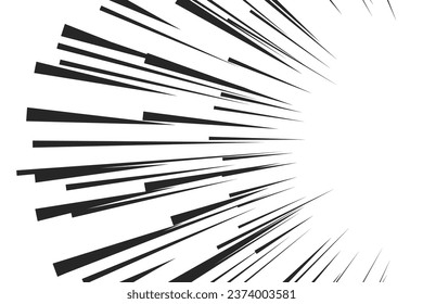 Black radial comic book style action line with a space for text on the right side isolated on white background. Speed abstract, manga comics action frame. Vector illustration
