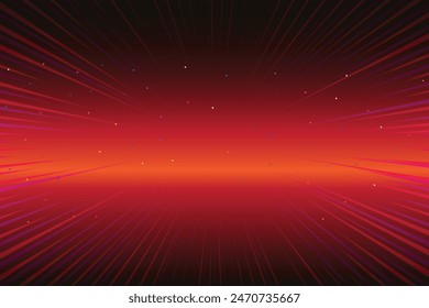 Black radial comics style lines on orange background. speed abstract. Vector illustration, Retro Futurism Sci-Fi Background. glowing neon grid. and stars from vintage arcade comp