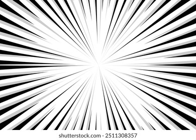 Linhas de estilo dos quadrinhos radiais pretos isoladas no plano de fundo branco. velocidade abstrata. Ilustração vetorial