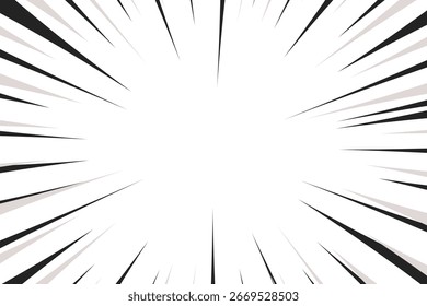 Linhas de estilo dos quadrinhos radiais pretos isoladas no plano de fundo branco. velocidade abstrata. Ilustração vetorial