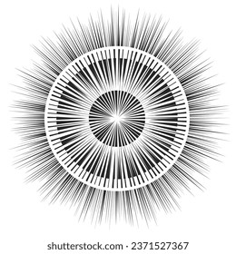 Línea de acción del estilo de la historieta concéntrica radial negra aislada en un fondo transparente. Resumen de velocidad, marco de acción de cómics manga. Ilustración del vector