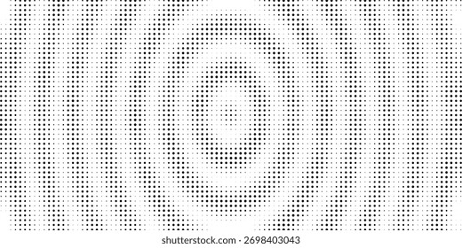 Círculos de meio-tom radial preto. Anéis pontilhados de ondas sonoras. Epicentro pontilhado, alvo, conceito de ícone de radar. Ondulação concêntrica sinal de vibração elemento. Padrão de gradiente pontilhado e tracejado redondo do vetor