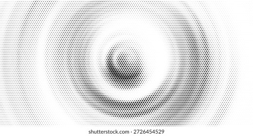Círculos de semitonos radiales negros. Anillos punteados de ondas sonoras. Epicentro salpicado, objetivo, concepto de icono de radar. Elemento de vibración de señal concéntrica de ondulación. Vector redondo punteado y punteado	