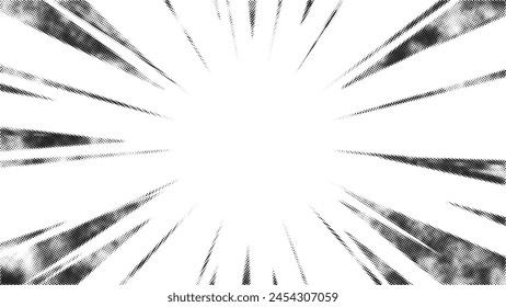 Línea de acción de estilo de cómic de semitono radial negro aislado sobre fondo transparente. Polka explosivo abstracto de la velocidad, zoom rápido del auge, marco de diseño de la acción de los cómics del manga. Ilustración vectorial