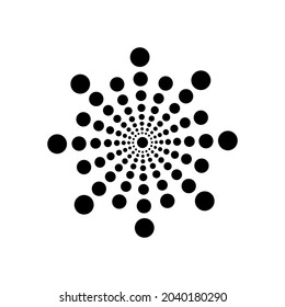 Black radial halftone dots circle on halftone white background. Abstract geometric shape. Logo design. 