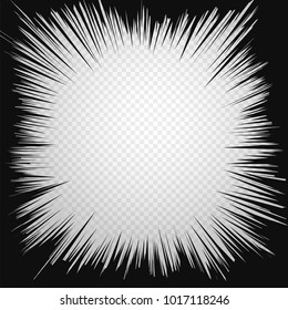 Black radial lines comics style background. For your design comic book radial speed lines. Manga action, speed abstract. Vector illustration. Isolated on transparent background