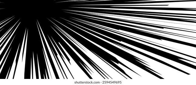 Black radial lines emanating from a central point on a white background create a dynamic abstract effect resembling speed or energy burst.