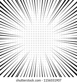 Black radial lines with gray halftone for comic book background. Manga speed frame. Vector illustration