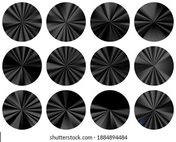 Colección vectorial de elementos ui de gradiente metálico radial negro. Formas de medallas frescas aisladas. Plantillas de textura de gradiente de botón metálico. Diseño de materiales de fondo de etiqueta.