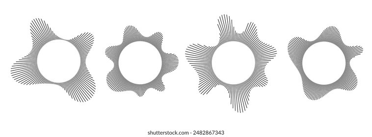 Schwarzes radiales Schallwellenlinienmuster eingestellt. Zirkuläre Audio-, Musik- oder Sprachsymbol-Kollektion. Linear wellenförmig gewellter Entzerrer Spektrum Symbol Pack. In: Circle Sunburst Paket. Vektorgrafik-Schallwellen-Elemente