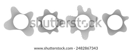 Black radial sound wave line pattern set. Circular audio, music or voice icon collection. Linear undulate wavy equalizer spectrum symbol pack. Circle sunburst bundle. Vector soundwave elements