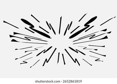 Black radial speed lines on white background forming a comic-style burst effect. Ideal for manga panels, action scenes, and energetic visual designs.
