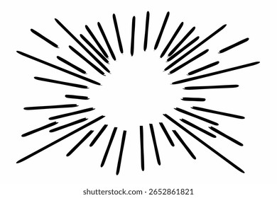 Black radial speed lines on white background forming a comic-style burst effect. Ideal for manga panels, action scenes, and energetic visual designs.
