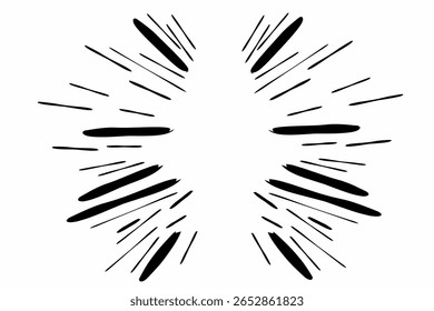 Black radial speed lines on white background forming a comic-style burst effect. Ideal for manga panels, action scenes, and energetic visual designs.
