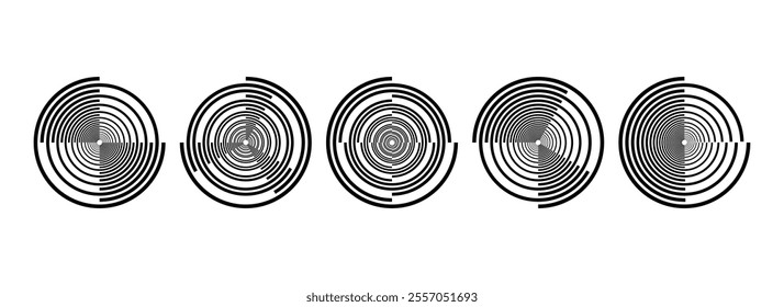 Black radial spiral pattern set. Circular rotating speed line form collection. Spinning circle sound wave concept. Abstract music waveform element pack for icon, badge, logo, tag, label. Vector