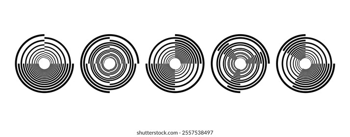 Black radial spiral pattern set. Circular rotating speed line form collection. Spinning circle sound wave bundle. Abstract music waveform element pack for icon, badge, logo, tag, label. Vector