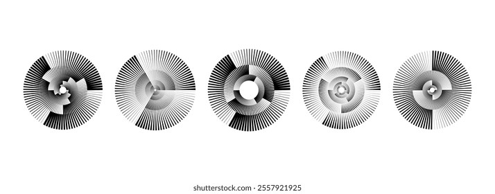 Black radial spiral pattern set. Circular rotating speed line form collection. Spinning circle sound wave bundle. Abstract music waveform element pack for icon, badge, logo, tag, label, record. Vector