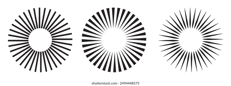 Black radial starburst elements. Isolated sunburst abstract design, circle graphic decorative vector icons. Cutter templates, creative art suns