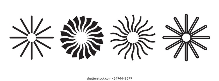 Black radial starburst elements. Isolated sunburst abstract design, circle graphic decorative vector icons. Cutter templates, creative art suns