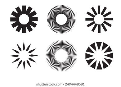 Black radial starburst elements. Isolated sunburst abstract design, circle graphic decorative vector icons. Cutter templates, creative art suns