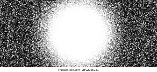 Black radial stipple gradient texture. Grunge dotted noise background. Black gritty sand halftone overlay. Distressed sprayed dot work grain with splatter, dust, dots, speckles. Vector