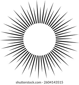 Black radiating lines surrounding a white circle against a white background create a dynamic, pointed composition, emphasizing contrast and energy in a modern, abstract design