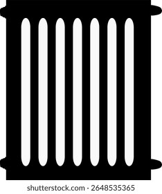 Black radiator icon in flat style. Symbol of heating, temperature control, and home warmth. Suitable for HVAC systems, energy, winter, or interior-related themes.