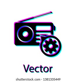 Black Radio with antenna and gear icon isolated on white background. Adjusting app, service concept, setting options, maintenance, repair, fixing. Vector Illustration