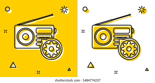 Black Radio with antenna and gear icon isolated on yellow and white background. Adjusting app, service concept, setting options, maintenance, repair, fixing. Random dynamic shapes. Vector Illustration