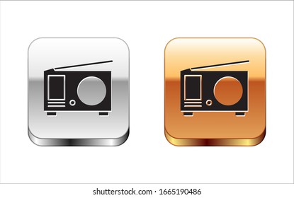 Black Radio with antenna icon isolated on white background. Silver-gold square button. Vector Illustration