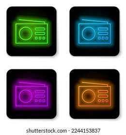 Black Radio with antenna icon isolated on black background. Abstract banner with liquid shapes. Vector
