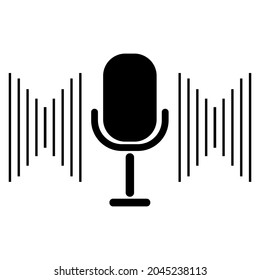 Micrófono de radio negro. Micrófono de diseño plano. Concepto de grabación de audio. Icono de podcast. Ilustración vectorial. Imagen de archivo.