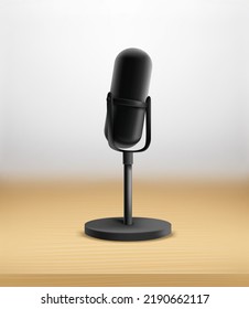 Black radio microphone on a wood table. Vector 3d illustration 

