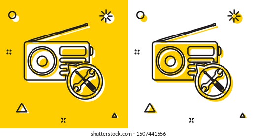 Black Radio with screwdriver and wrench icon isolated on yellow and white background. Adjusting, service, setting, maintenance, repair, fixing. Random dynamic shapes. Vector Illustration