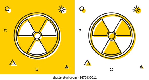 Black Radioactive icon isolated on yellow and white background. Radioactive toxic symbol. Radiation Hazard sign. Random dynamic shapes. Vector Illustration