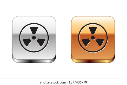 Black Radioactive icon isolated on white background. Radioactive toxic symbol. Radiation Hazard sign. Silver-gold square button. Vector Illustration