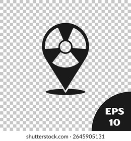 Black Radioactive in location icon isolated on transparent background. Radioactive toxic symbol. Radiation Hazard sign.  Vector