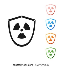 Black Radioactive in shield icon isolated on white background. Radioactive toxic symbol. Radiation Hazard sign. Set icons colorful. Vector Illustration