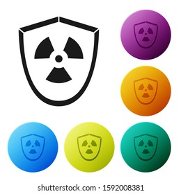 Black Radioactive in shield icon isolated on white background. Radioactive toxic symbol. Radiation Hazard sign. Set icons colorful circle buttons. Vector Illustration