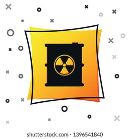 Black Radioactive waste in barrel icon isolated on white background. Toxic refuse keg. Radioactive garbage emissions, environmental pollution. Yellow square button. Vector Illustration